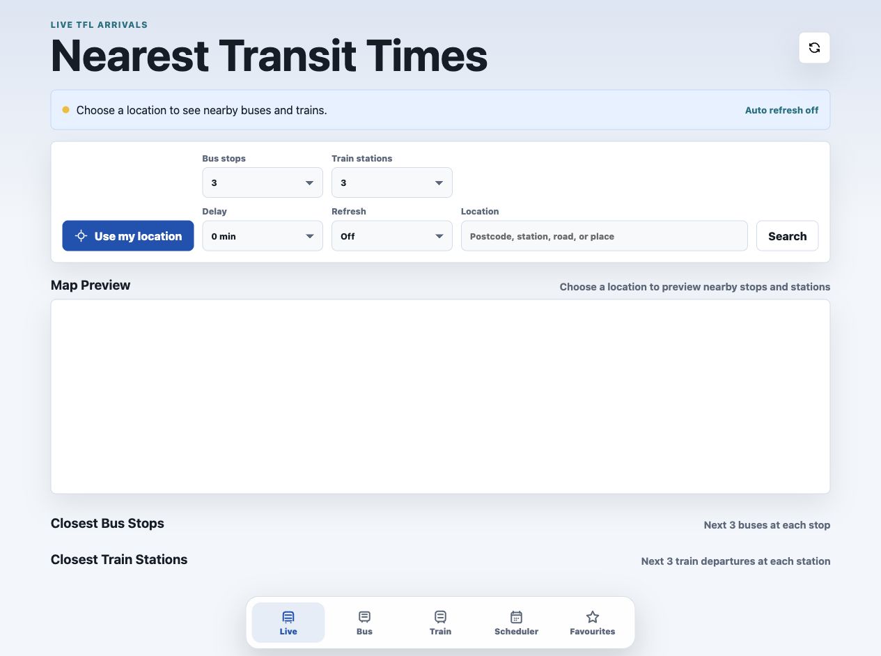 Nearest Transit Times live arrivals dashboard showing transit controls and map preview