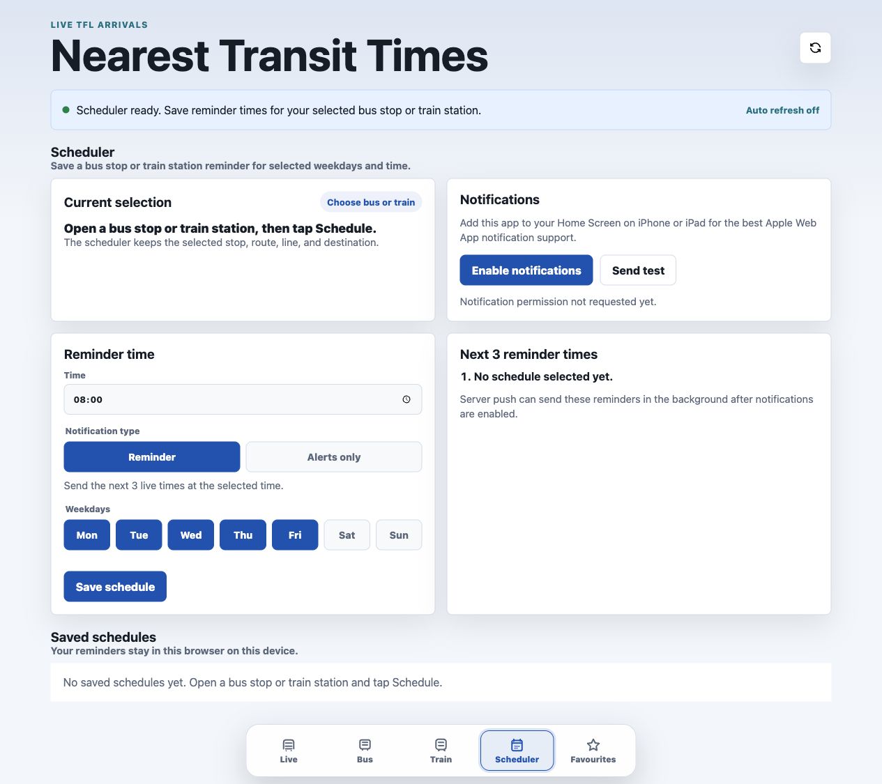 Nearest Transit Times scheduler view showing reminder time, weekday controls, and notifications
